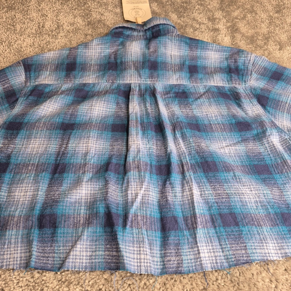 NEW Urban Renewal Womens Raw Crop Flannel Shirt‎ Blue Teal Plaid Reworked S/M - Picture 8 of 12